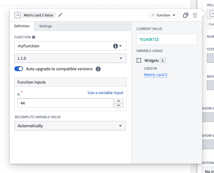 Configure a version range dependency for a function-backed widget in Workshop using the new Auto upgrade toggle.