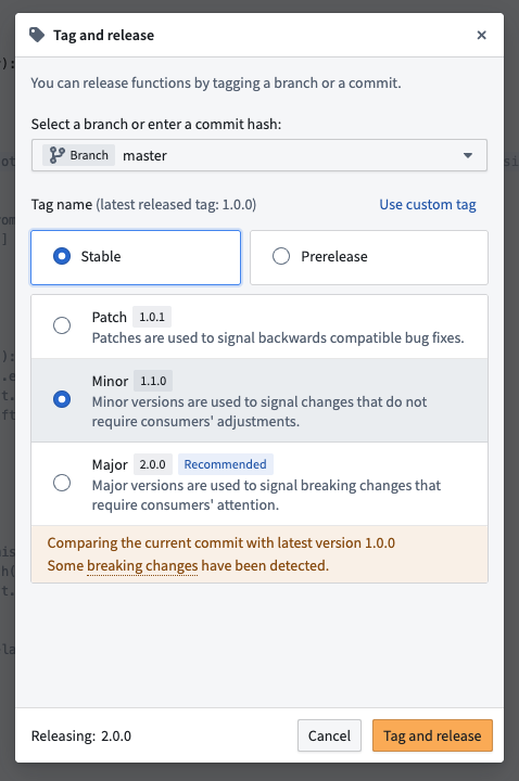 Backward compatibility checks run automatically when you tag a new version of your functions in Code Repositories.