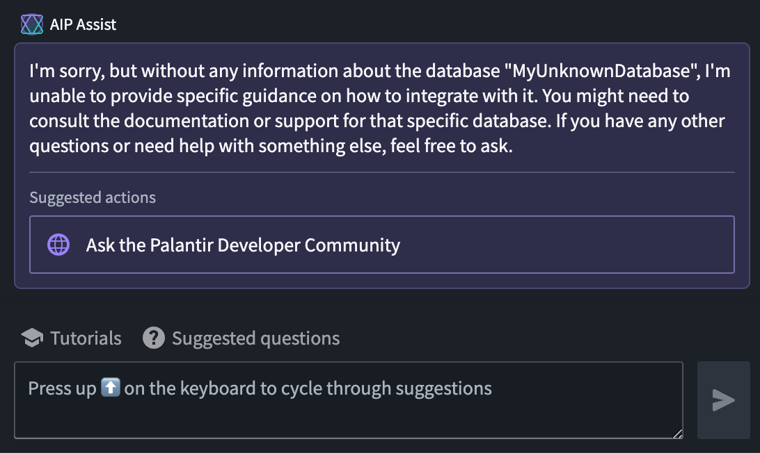 Sample user interaction leading to a suggestion of asking the Palantir Developer Community