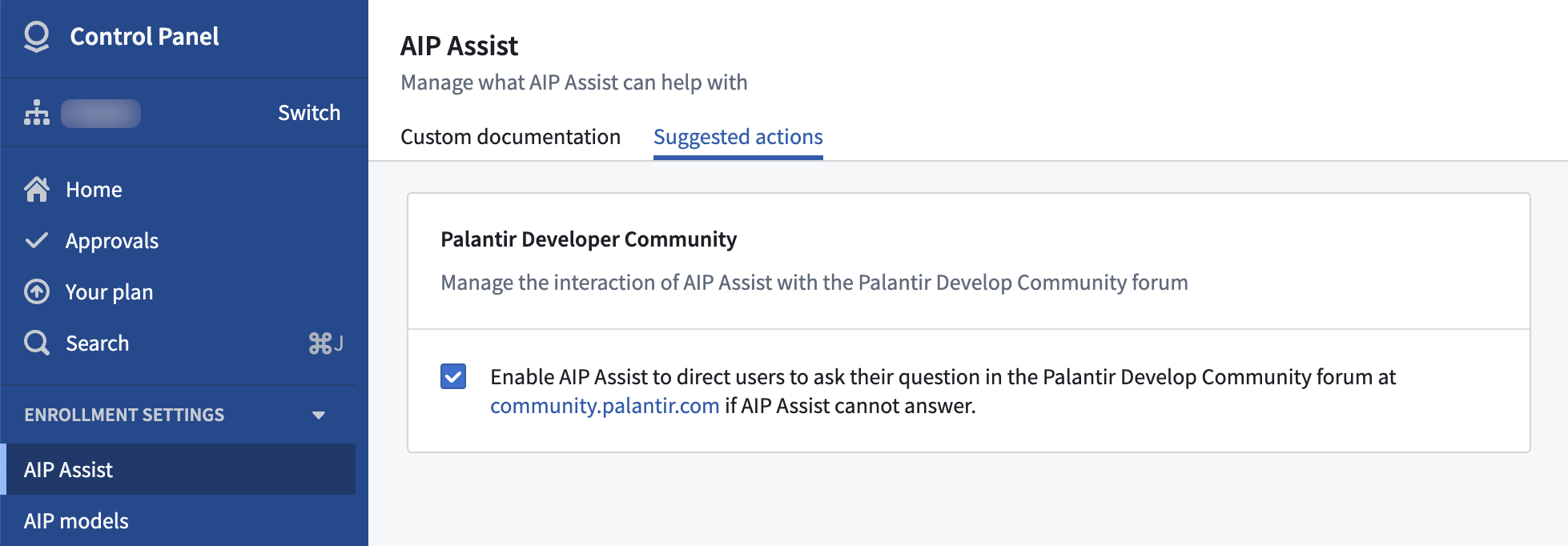 Enable or disable redirection to community.palantir.com in AIP Assist.