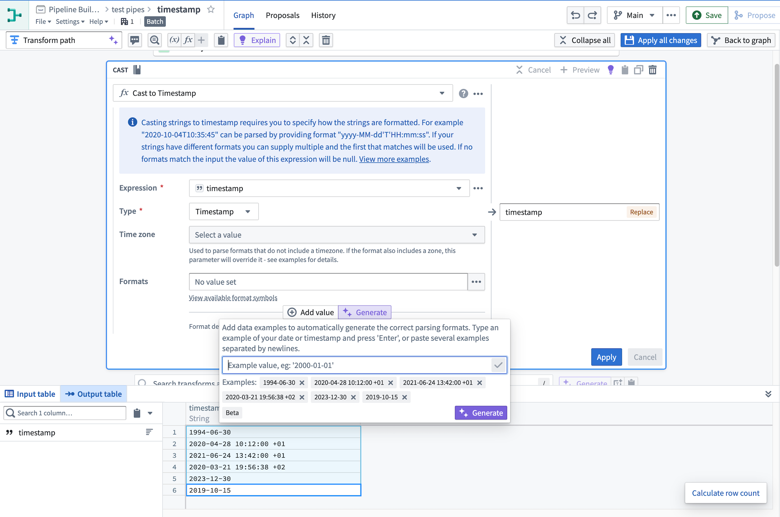 Use the timestamp formatter tool to cast string columns to specified timestamps