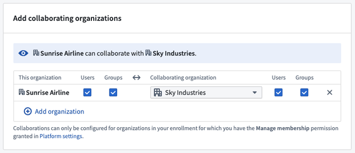 Add collaborating organizations screen