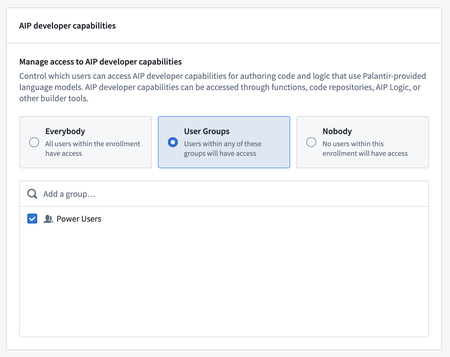 AIP developer capabilities permission management prompt in Control Panel.