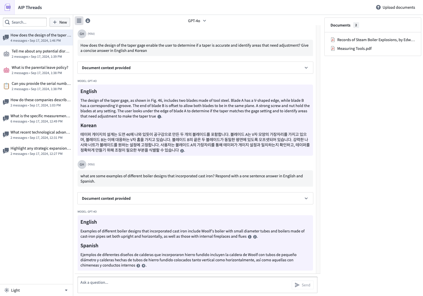 The AIP Threads interface showcasing interactions with documents and AIP Agents.