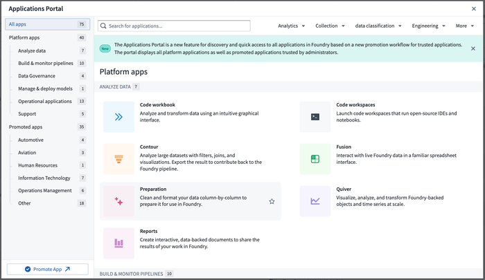 Apps portal core applications view