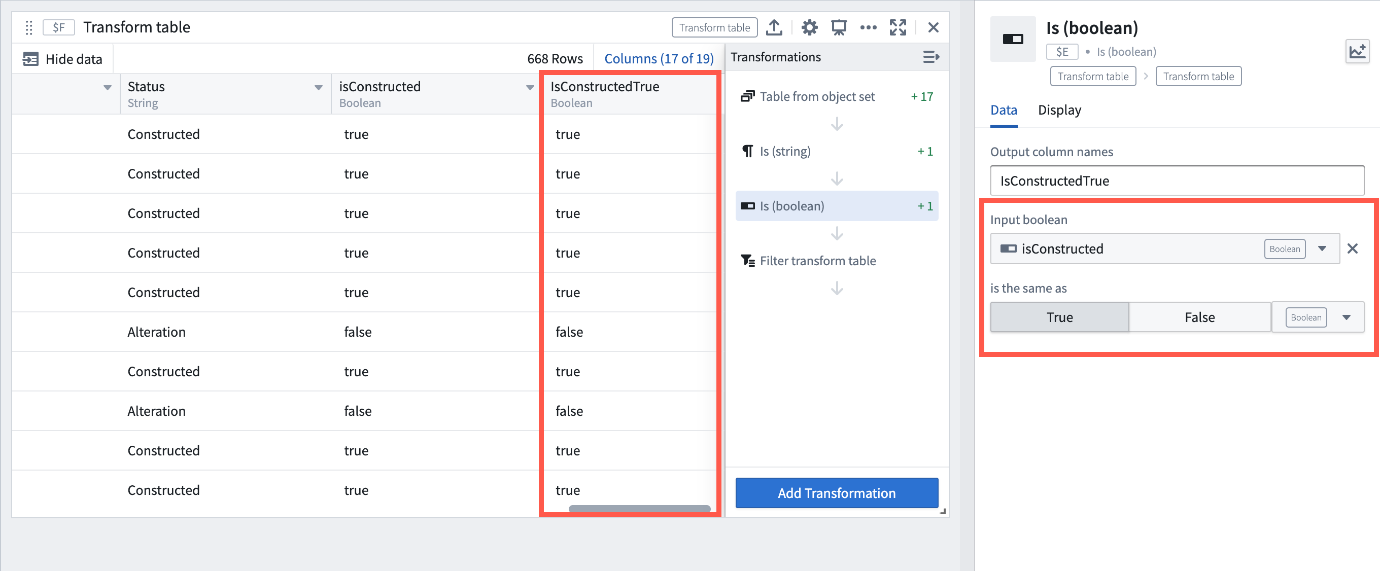 Example of using the new Boolean comparison transform to check if a Boolean column is True.