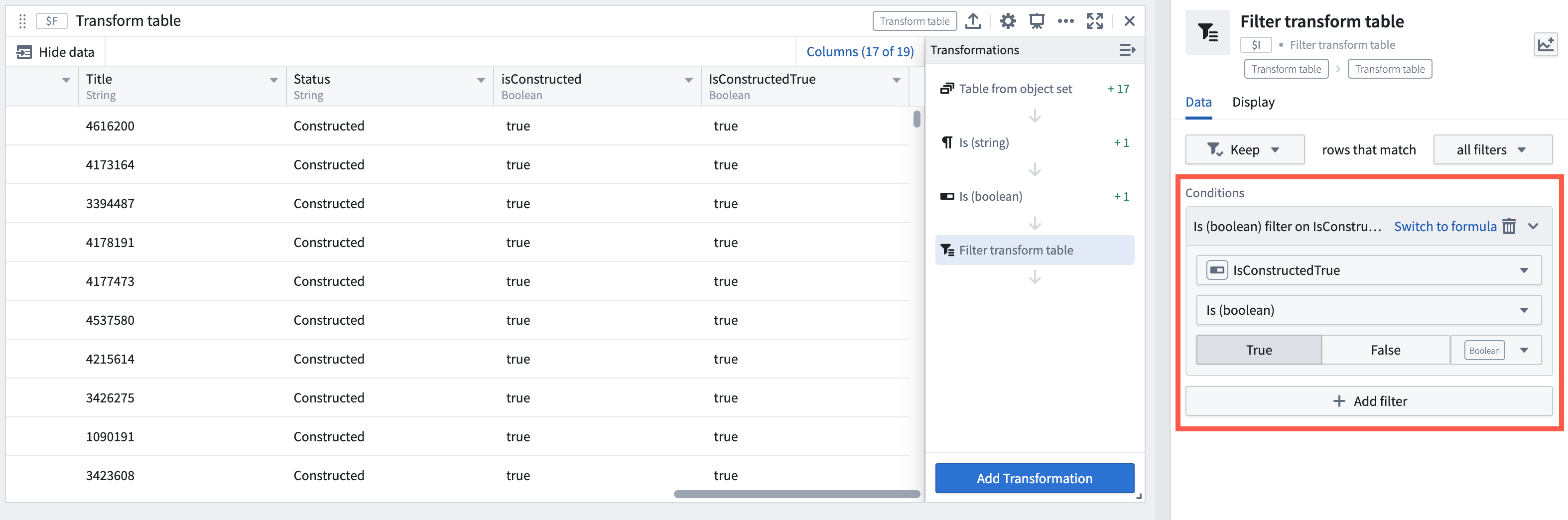 Example of a transform table filtering rows via a Boolean comparison transform output