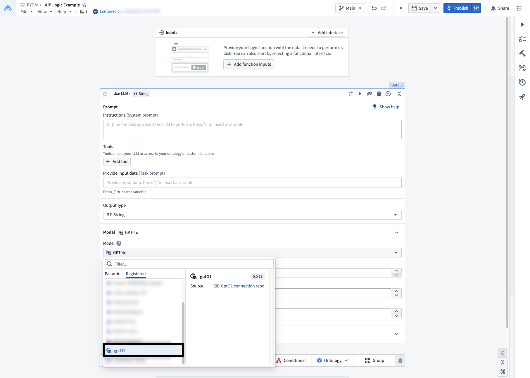 Once you have registered your LLM, you can select it from the model dropdown menu in AIP Logic.