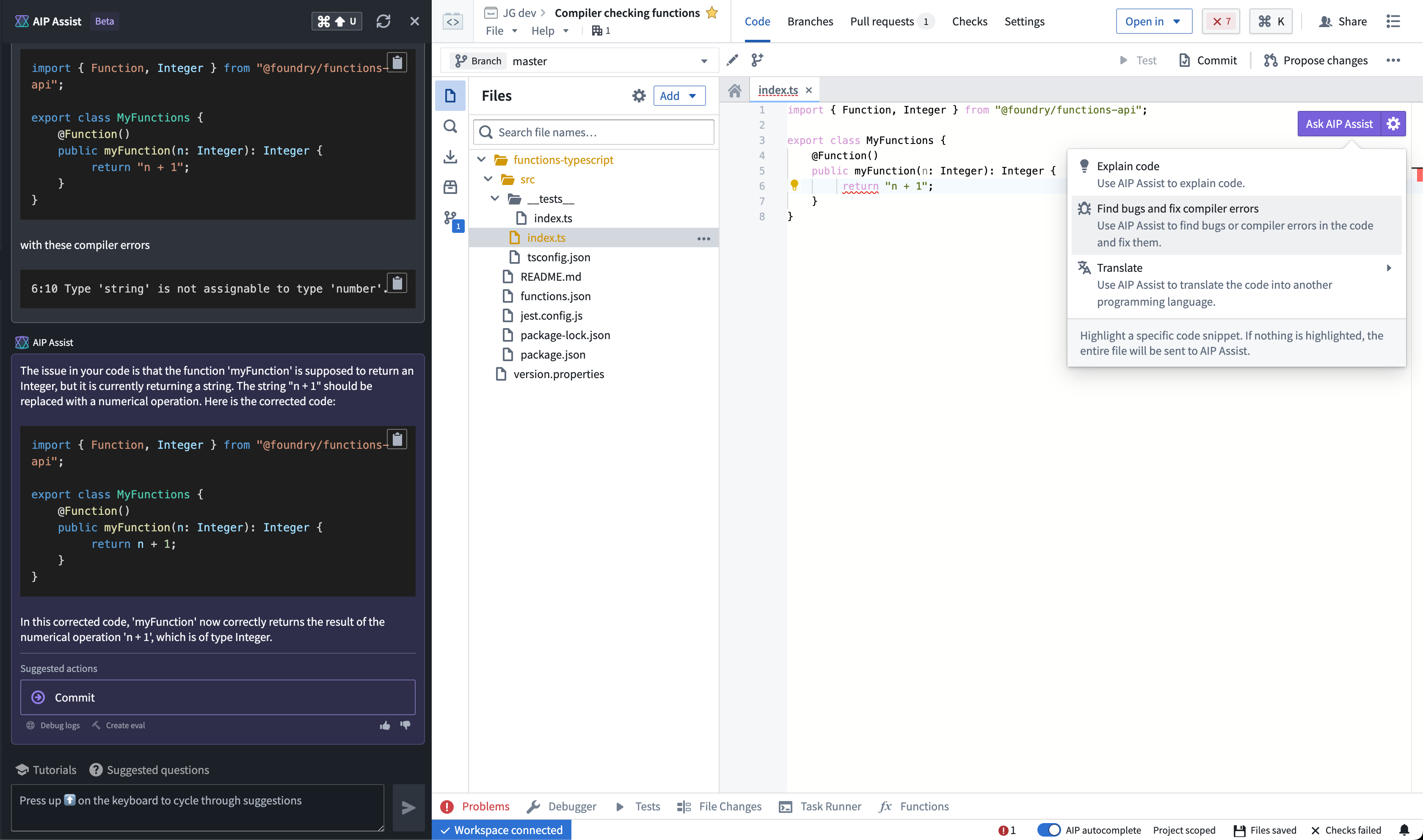 Compile Typescript errors directly in AIP Assist.