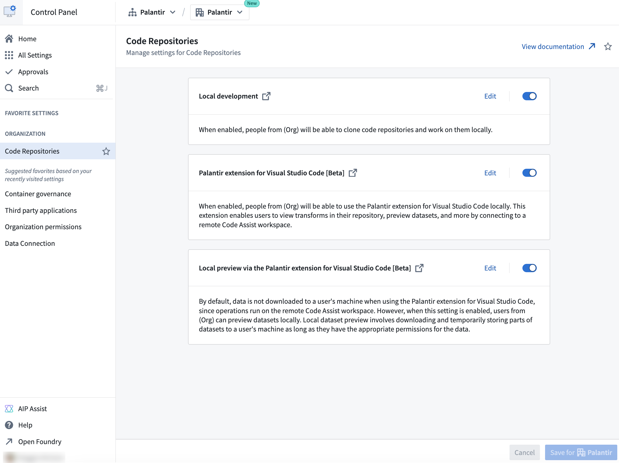 The Code Repositories settings available to configure in Control Panel.