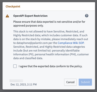 OpenAPI Checkpoint restriction dialog.