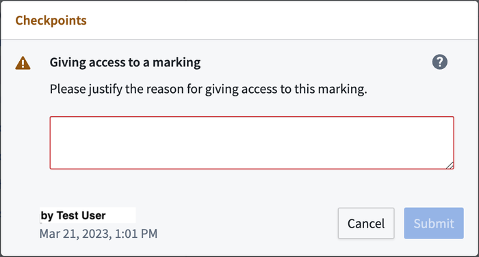 Checkpoint modal for security action justification.