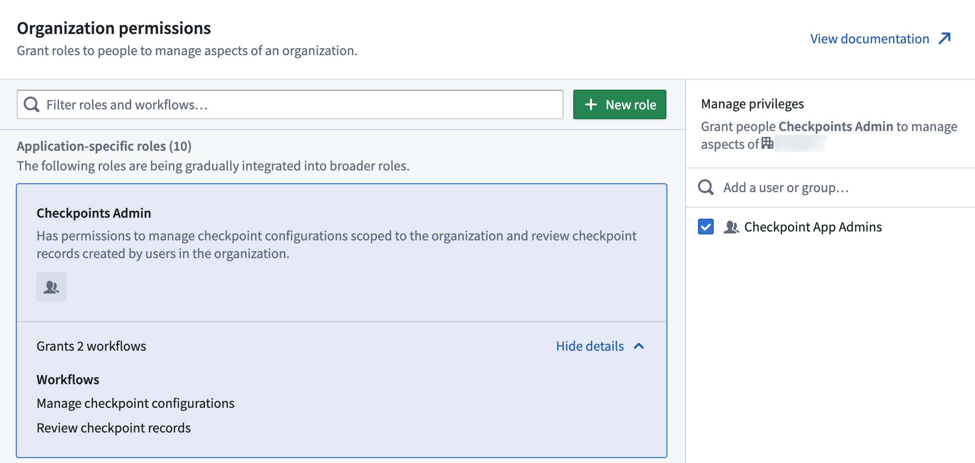 Organization permissions details for Checkpoints Admin role.