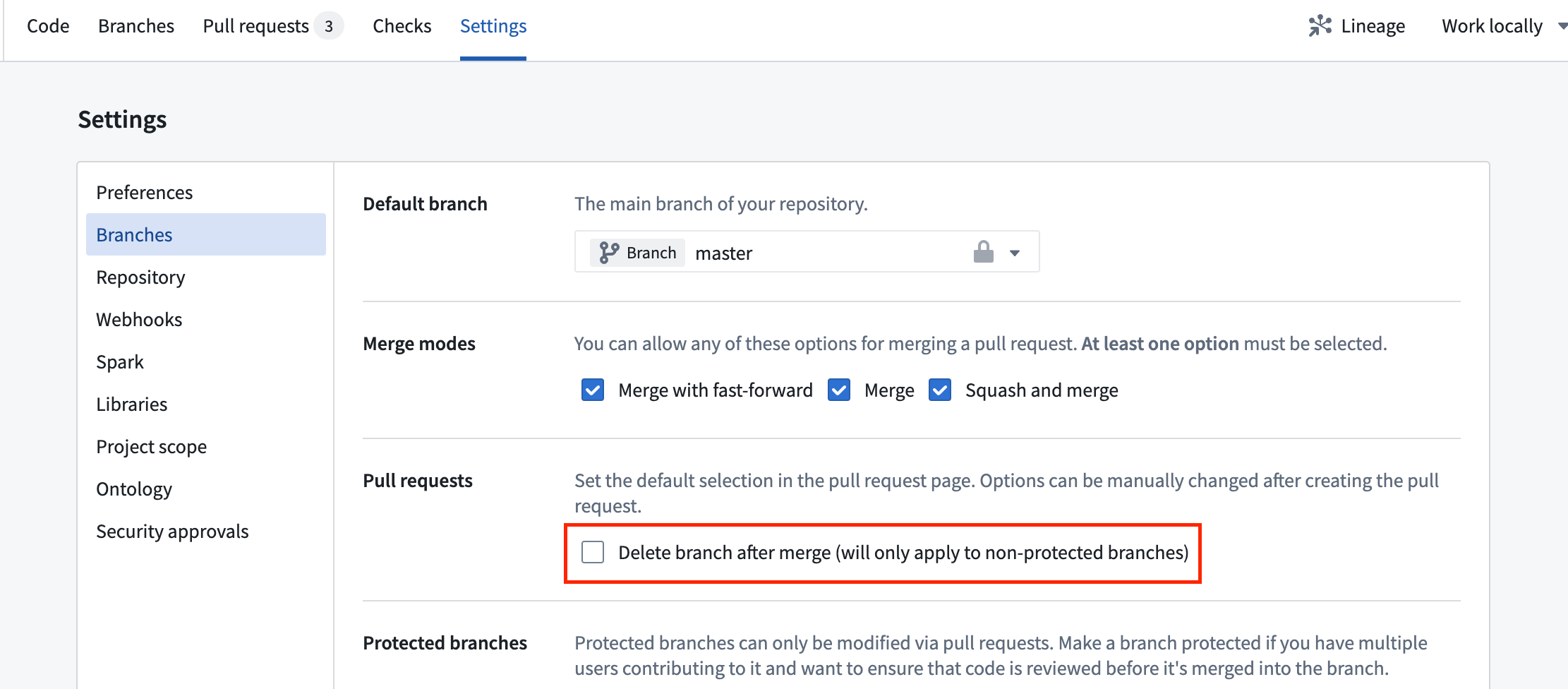 Settings for branch deletion