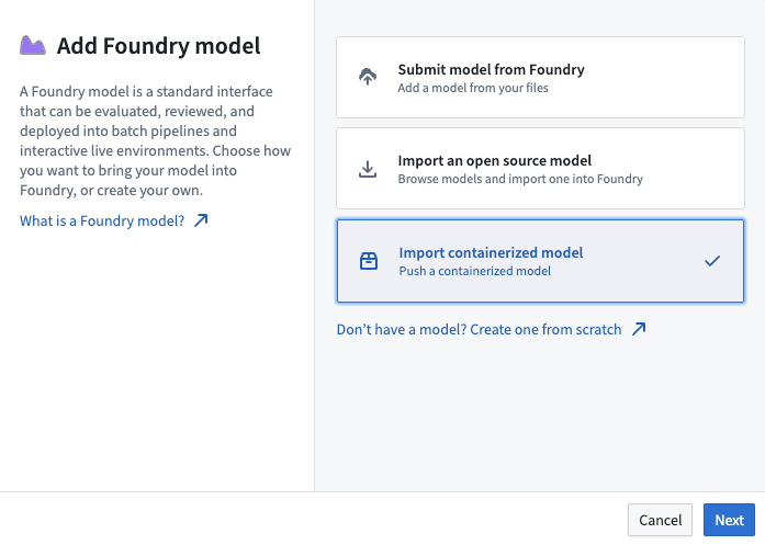 Add model dialog, with "Import containerized model" highlighted