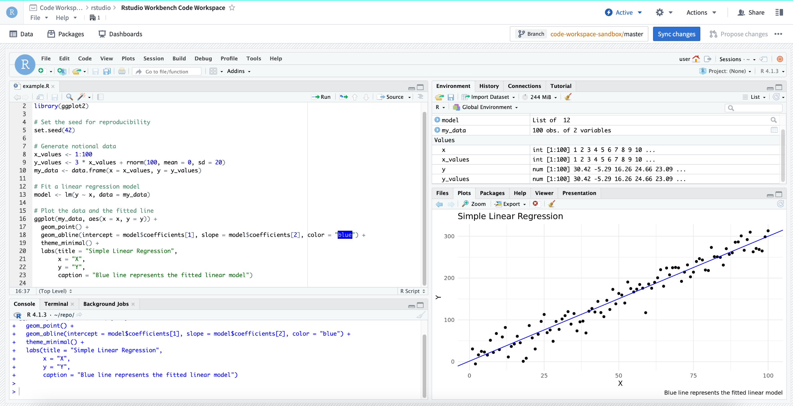 RStudio® Code Workspace used for Machine Learning training.