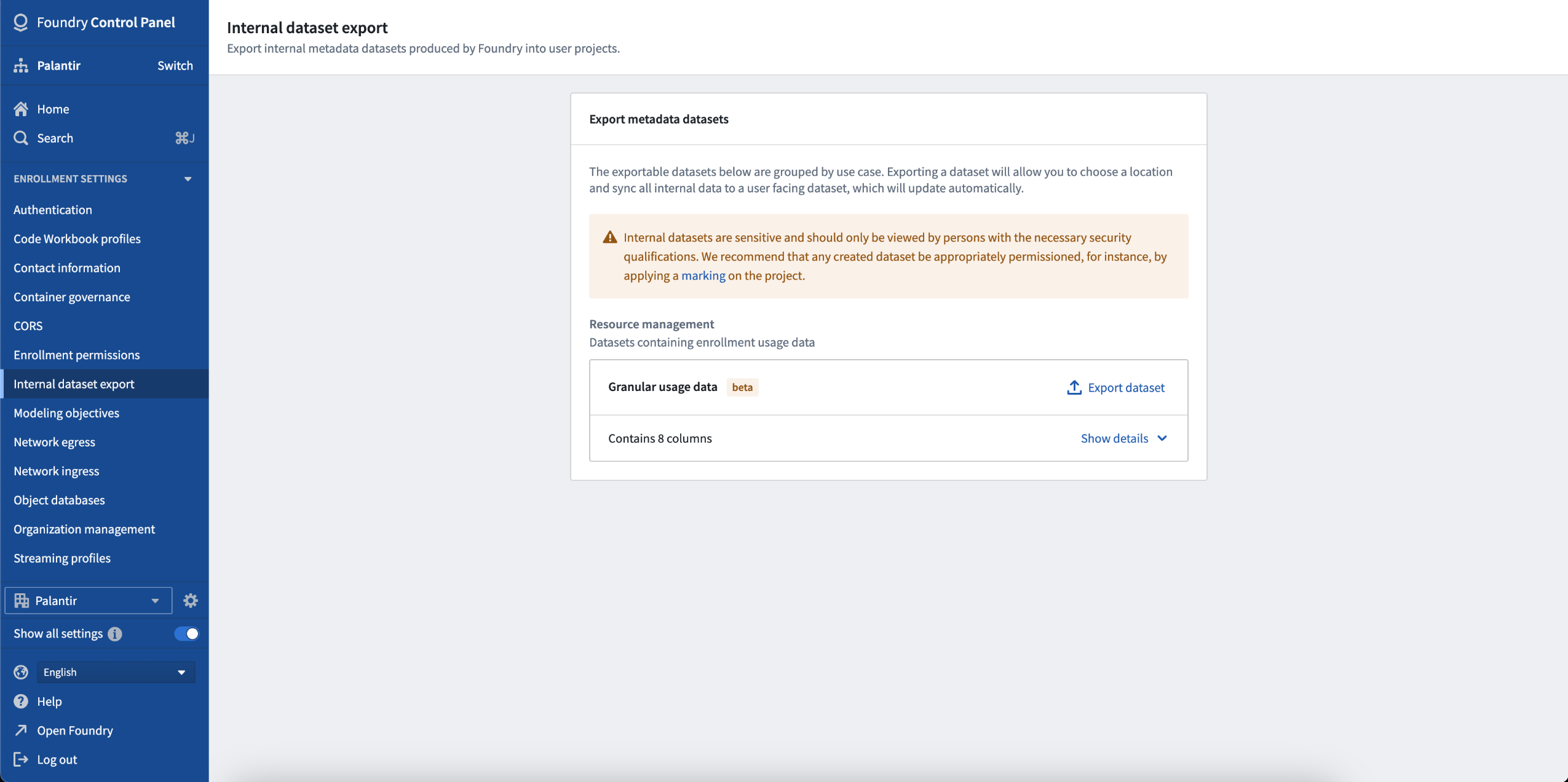 Navigate to Internal dataset export to export resource management data from Control Panel.