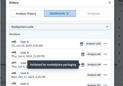 Dashboard history indicates when a version has been validated for Marketplace packaging.