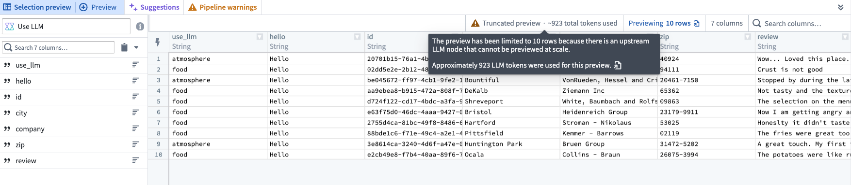 The approximate token count for rows in a Use LLM node preview.