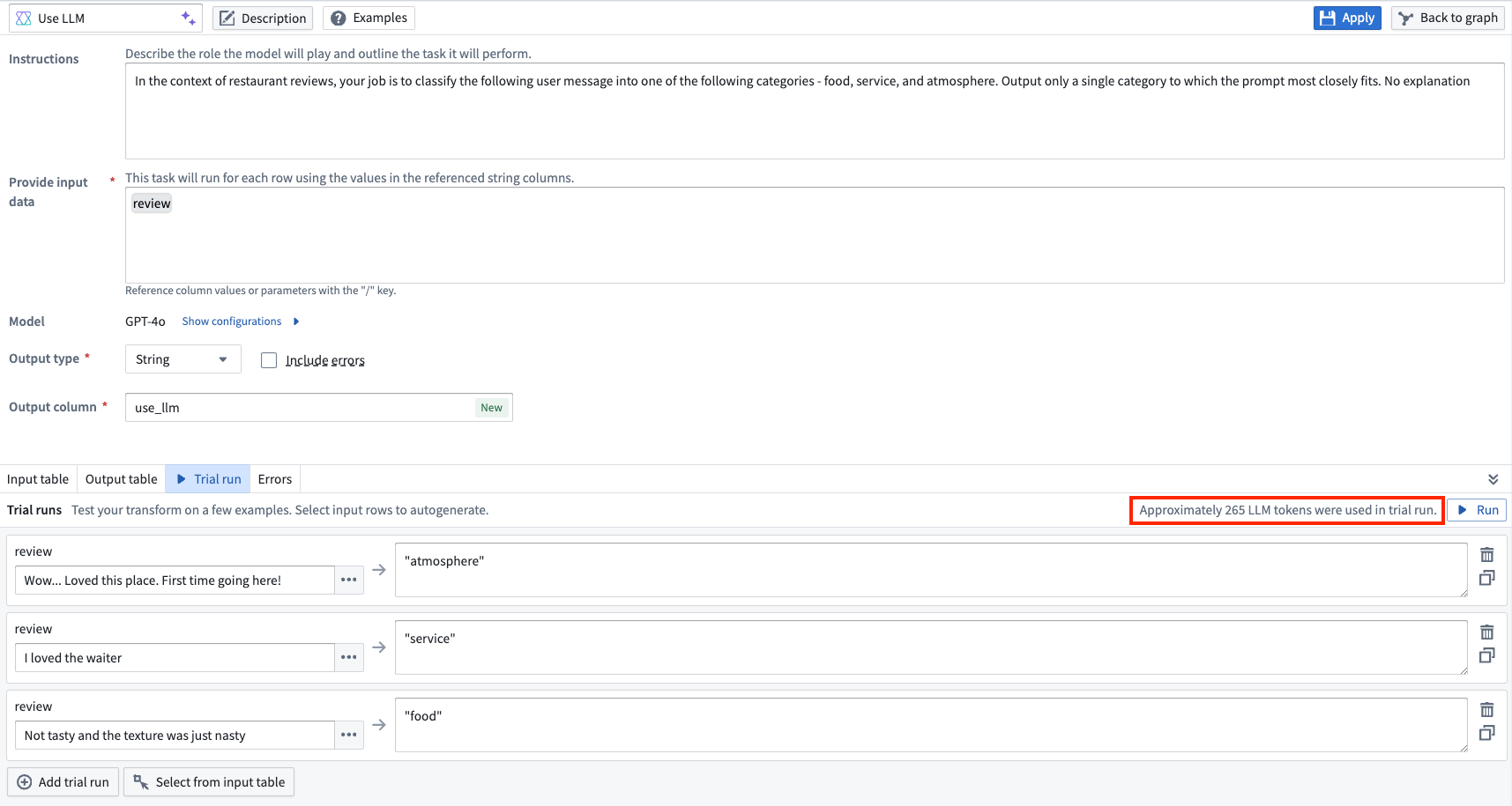 The approximate token count for rows in a Use LLM node preview.