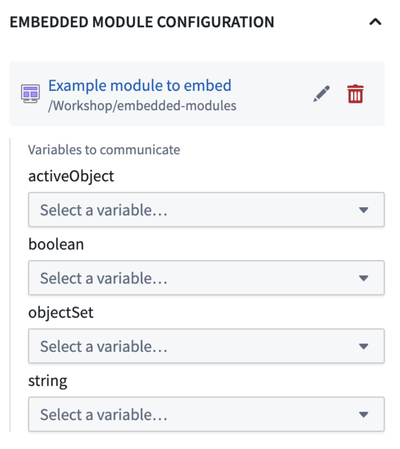 Configuration section for the Embedded Module widget for variable mapping.