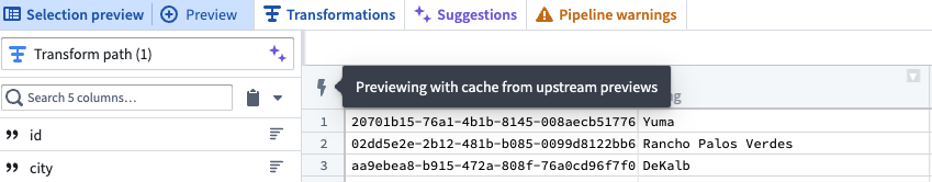 A preview in Pipeline Builder showing the lightning bolt icon in the preview table.