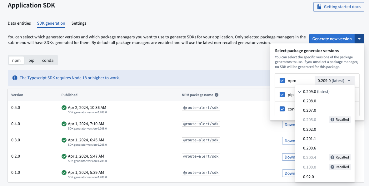 Generate new version option in Application SDK.