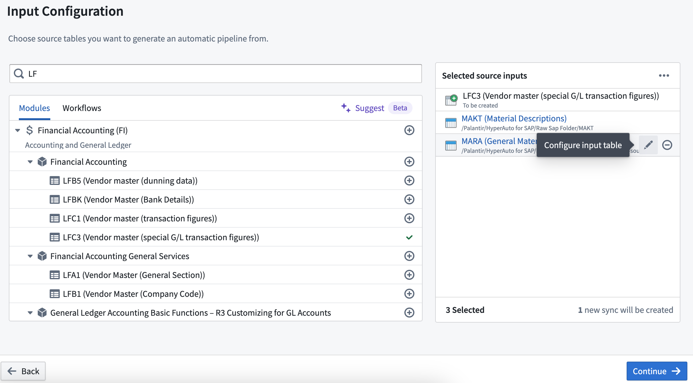 Input configuration window now allows tables without data connection syncs as inputs.