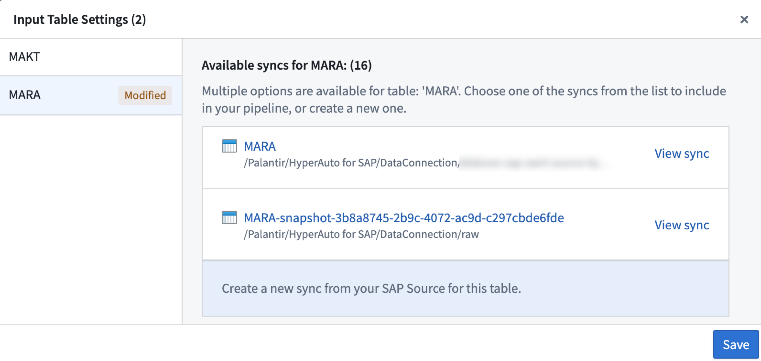 Create a new sync option available from the Input table settings panel.