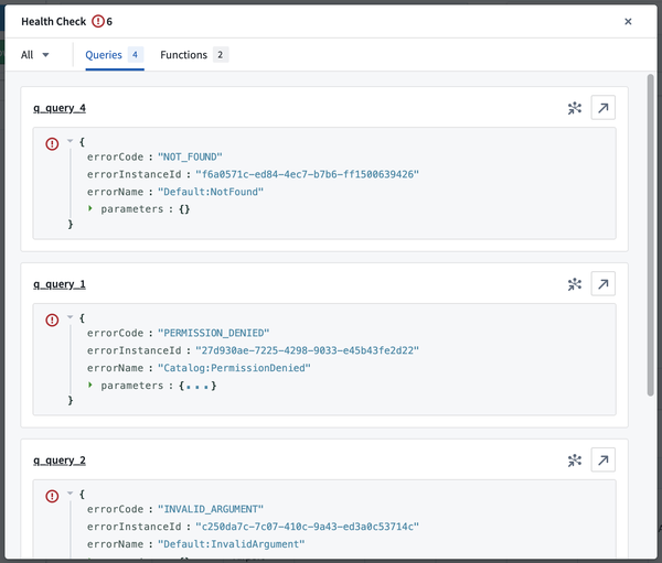 Jump directly to the query or function raising the issue from the Health Check dialog.