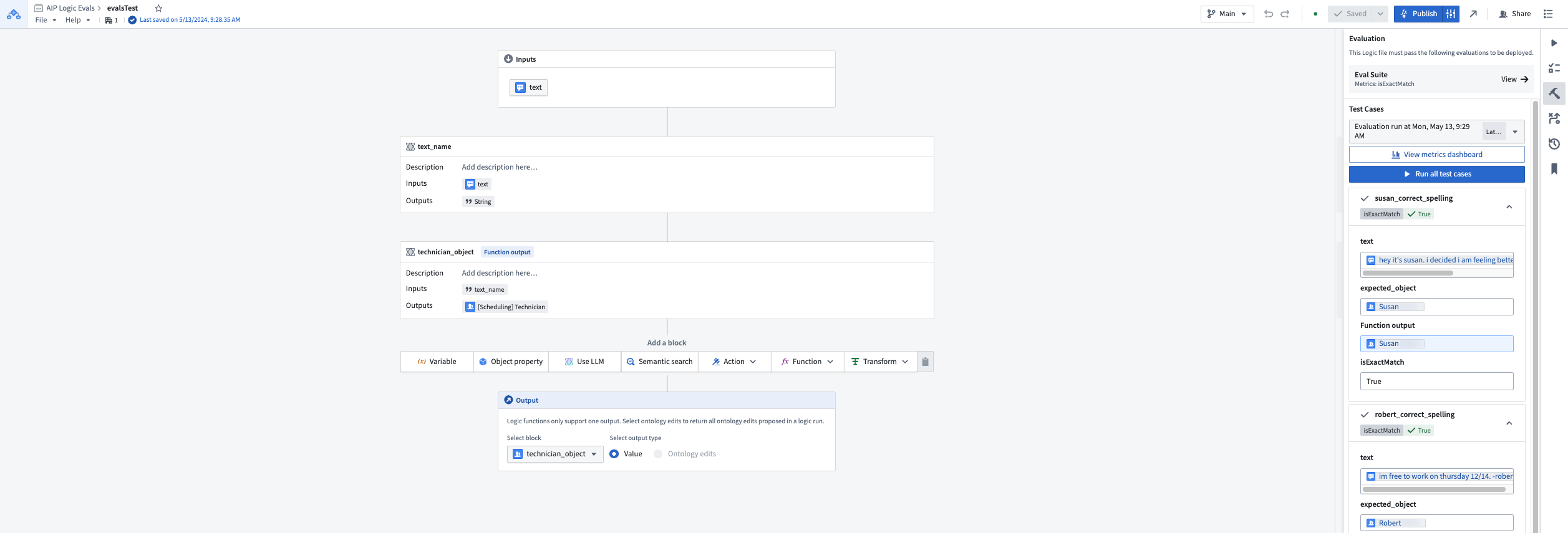 The Evaluations side panel with test case results in an AIP Logic function.