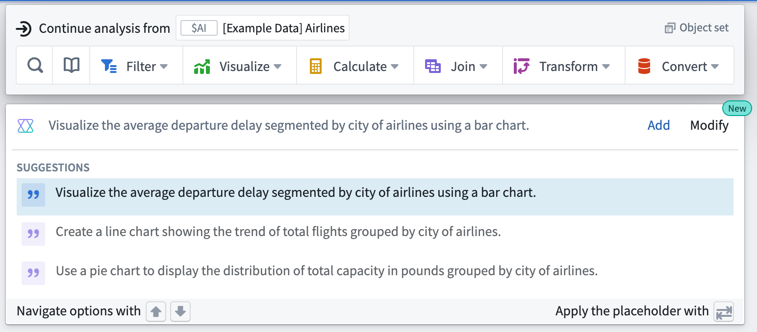 Users can access AIP Generate beneath a Quiver card to create a new analysis.