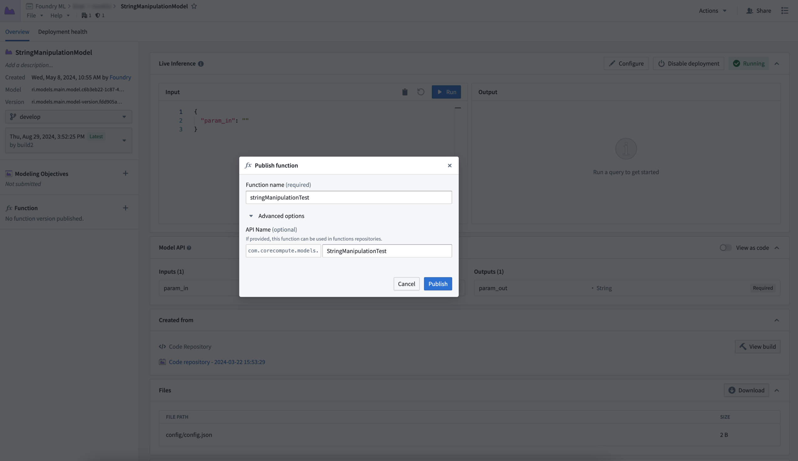 Publishing a function from a Model Deployment.