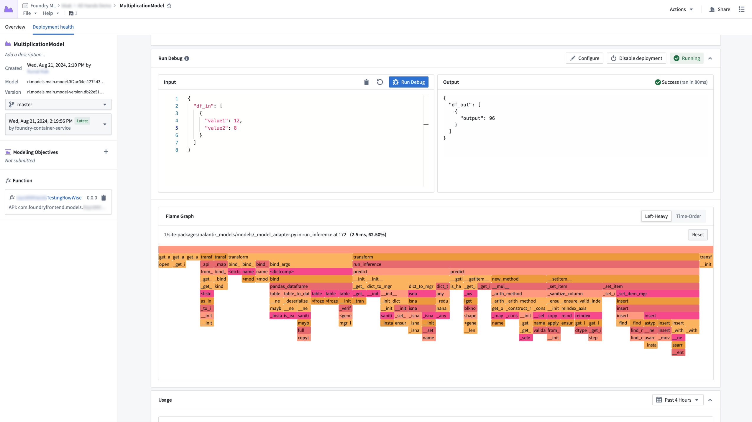 Flame graph view for a model deployment inference query.