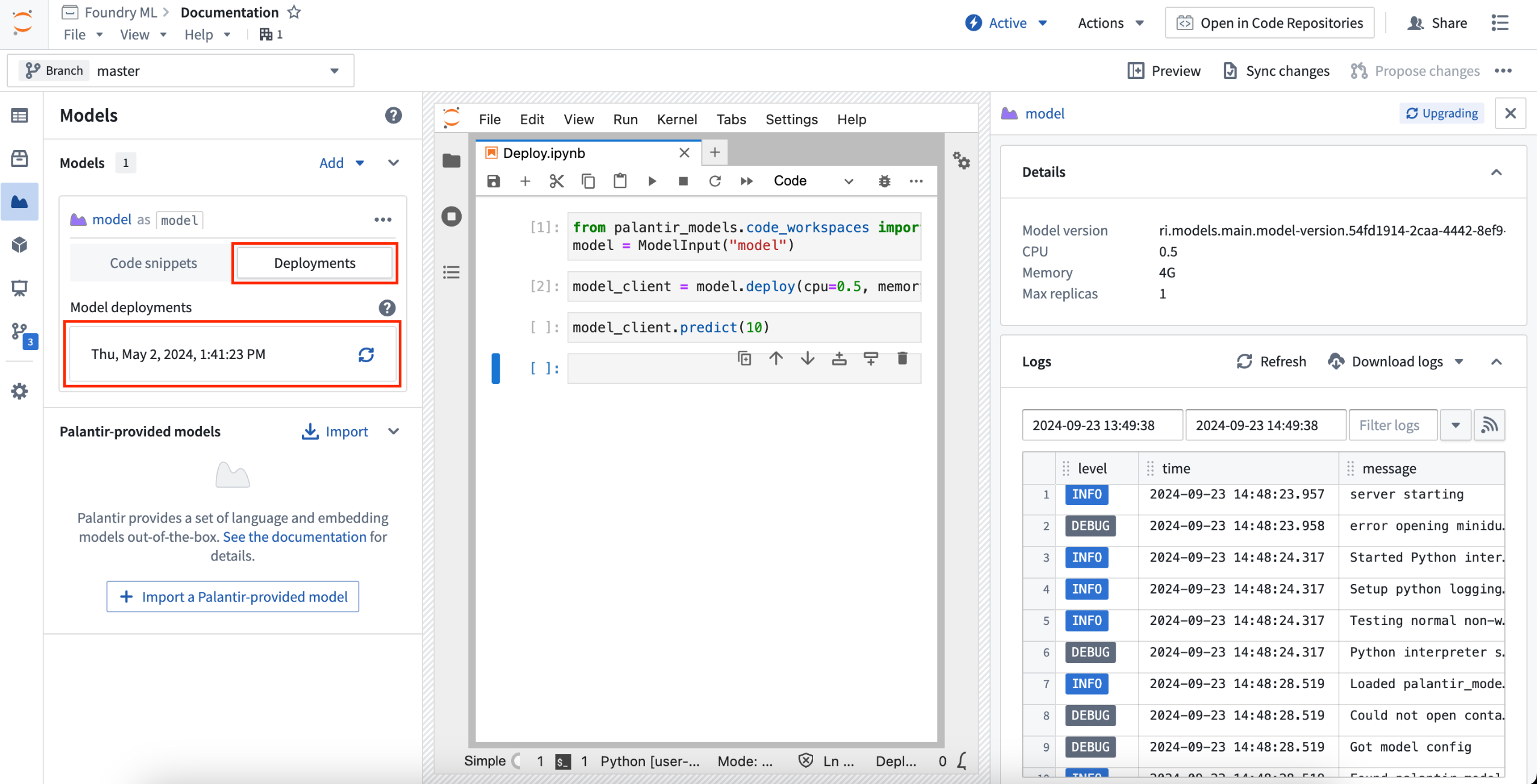 Image showing model deployment controls in Code Workspaces