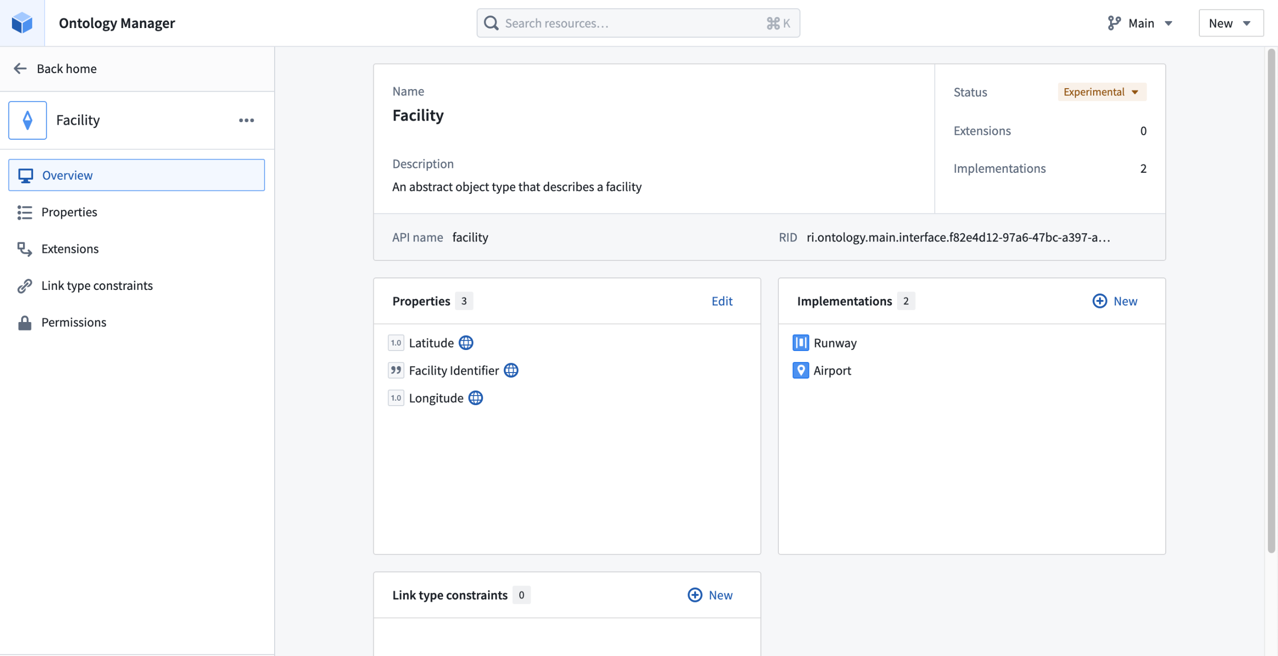 An example Facility interface in Ontology Manager.