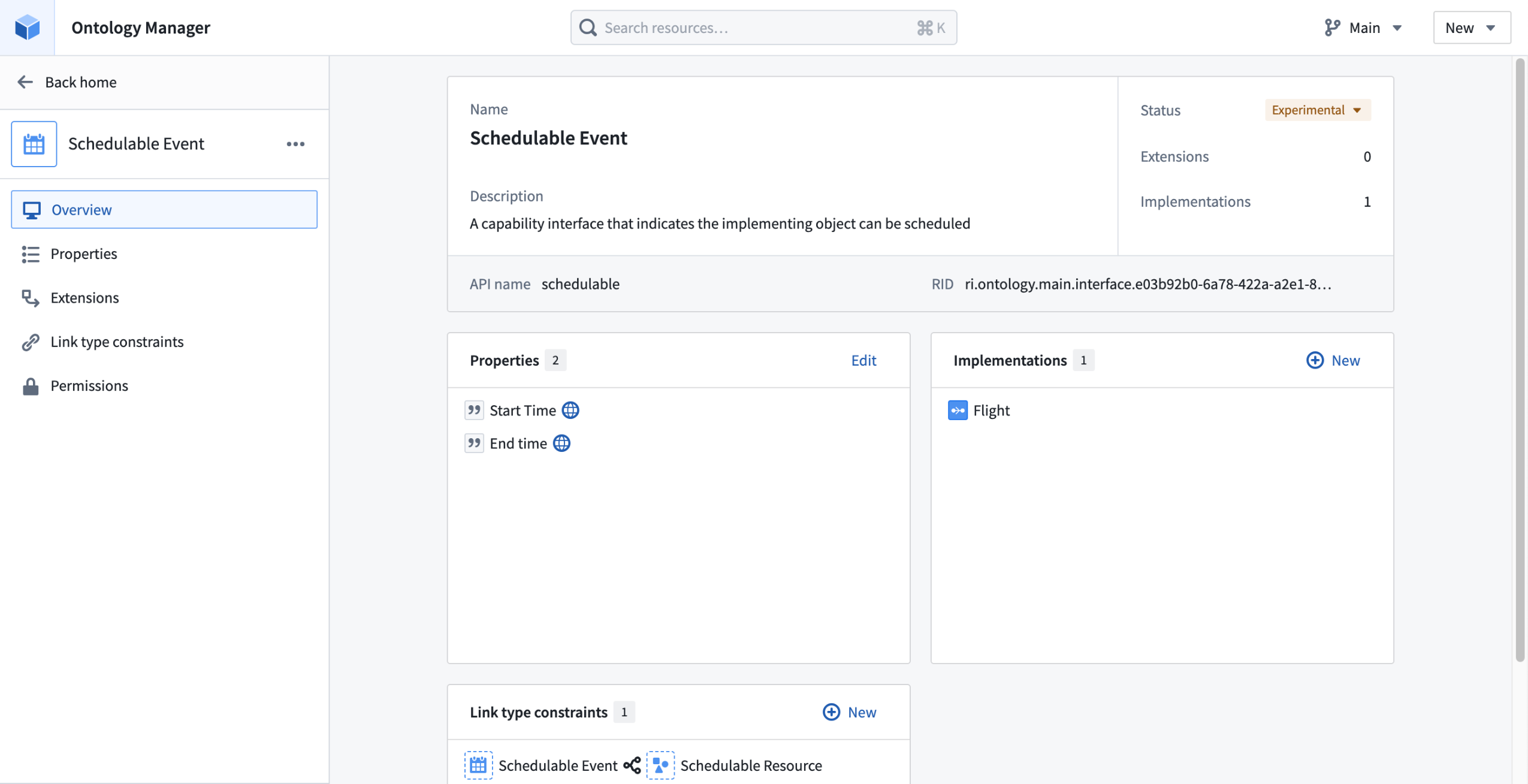 An example Schedulable Event interface, implemented on the Flight object type with shared Start Time and End Time properties.