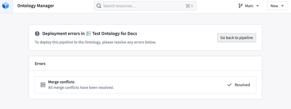 The merge conflict resolution page in Ontology Manager.