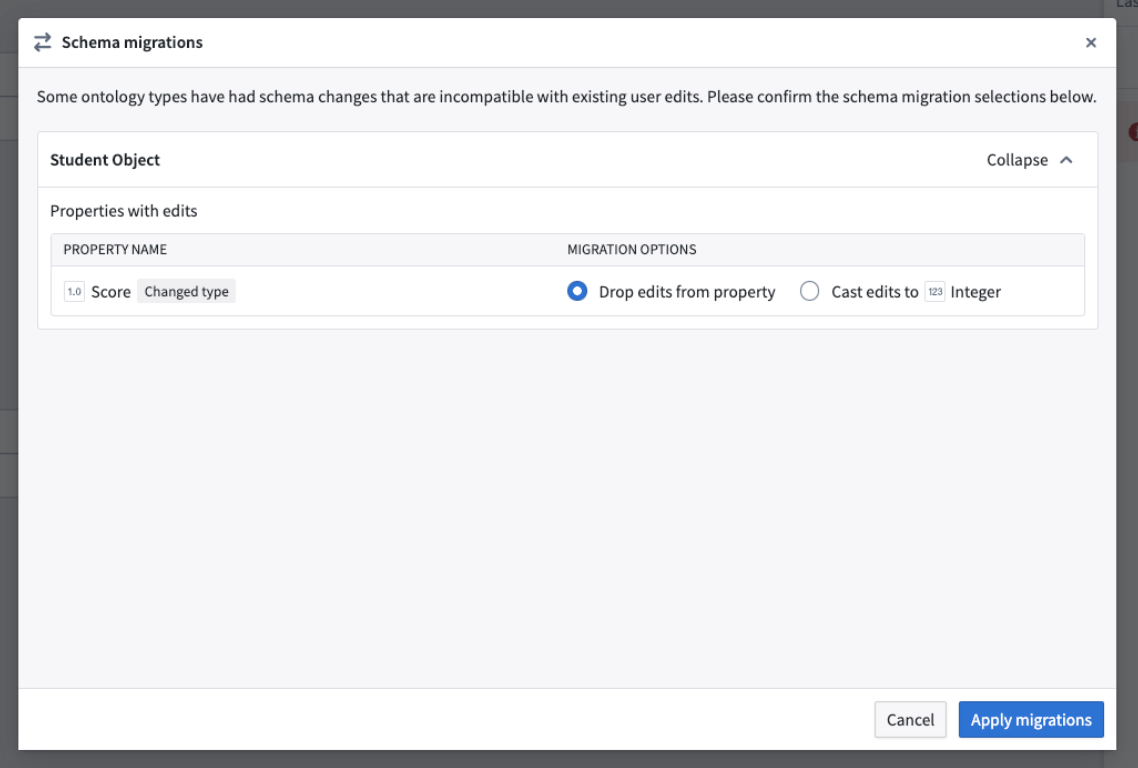 The Schema migrations dialog providing different options to enable schema migrations when needed.