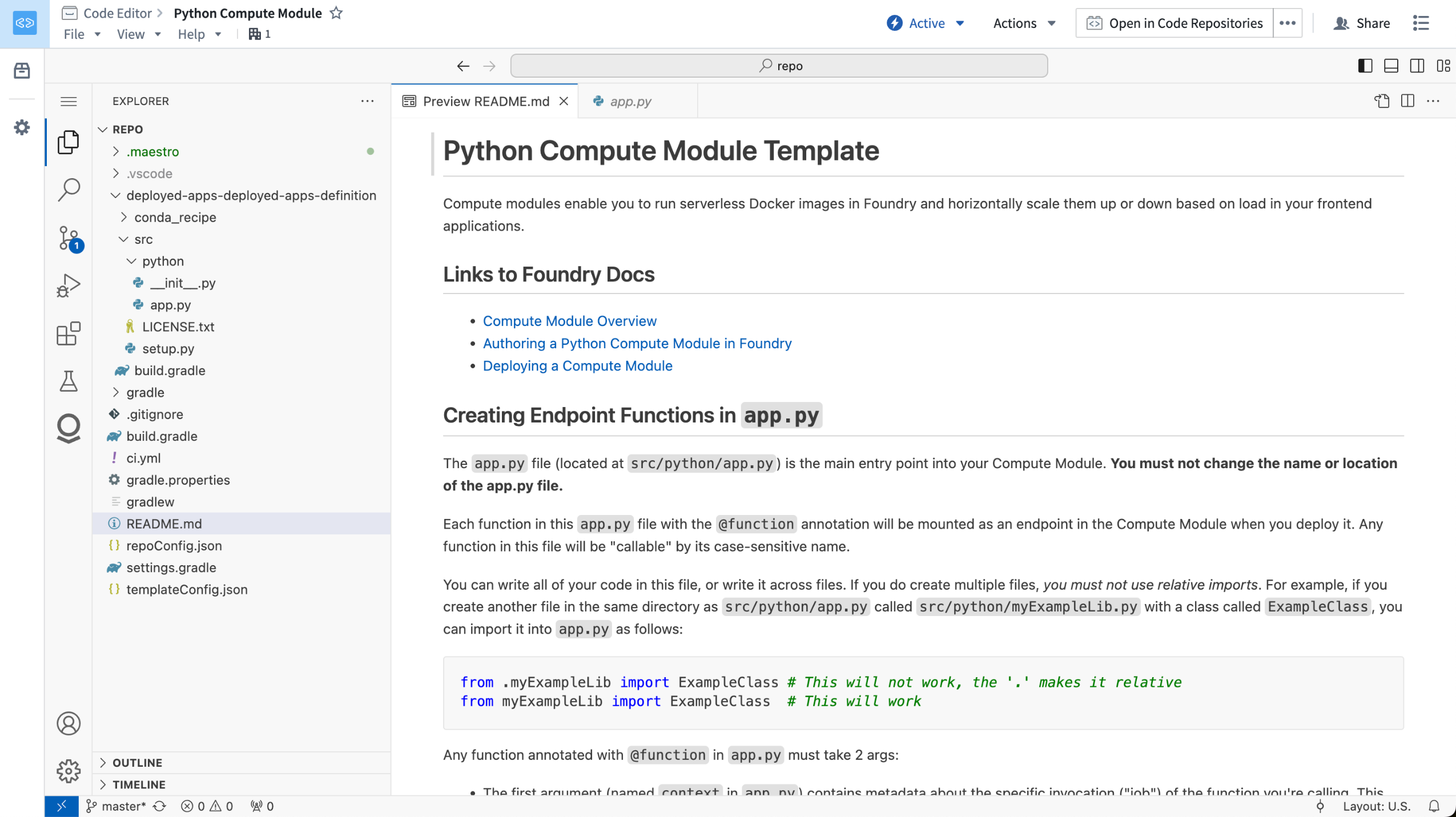 A Python compute module repository, opened in a VS Code workspace.