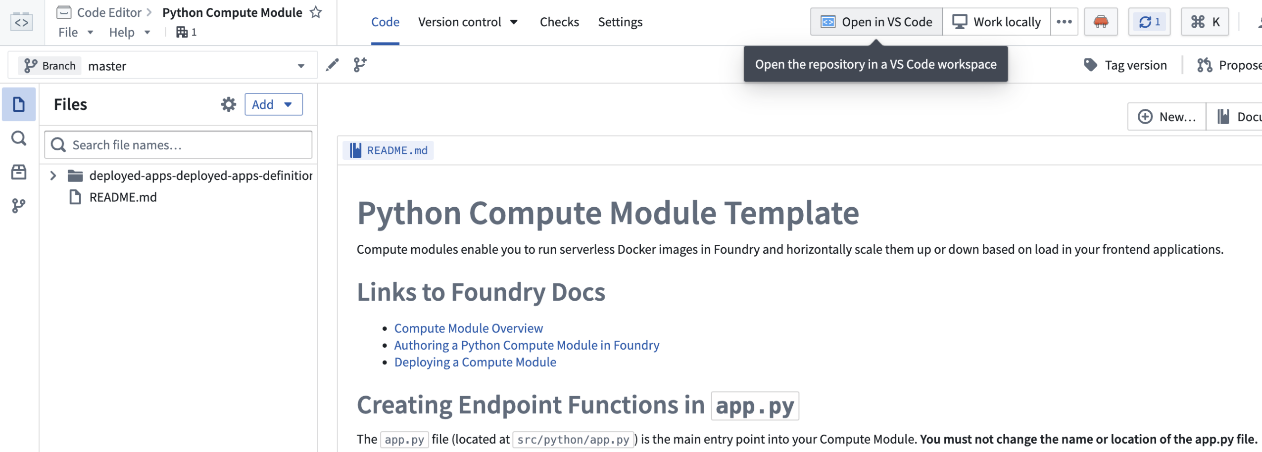 A Python compute module in the Code Repositories application, with the option to open in a VS Code workspace.