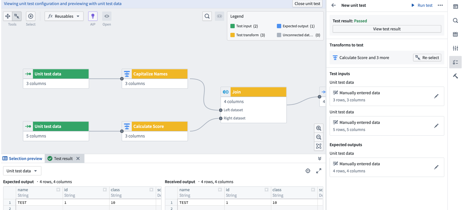 A sample unit test result, displaying test results and configuration on the right and expected and received outputs on the bottom.