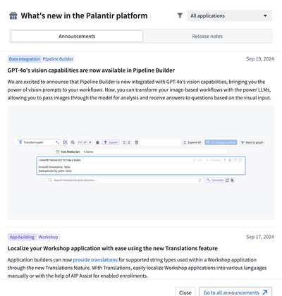 A screenshot of the What's new in the Palantir platform feature, enabling greater access to Announcements and Release notes.