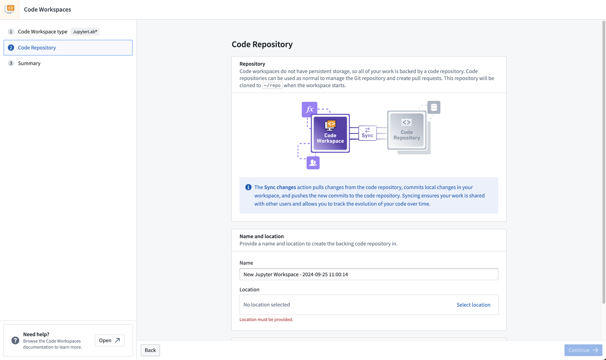 The new Code Workspaces user interface, now only requiring configuration for the backing code repository.