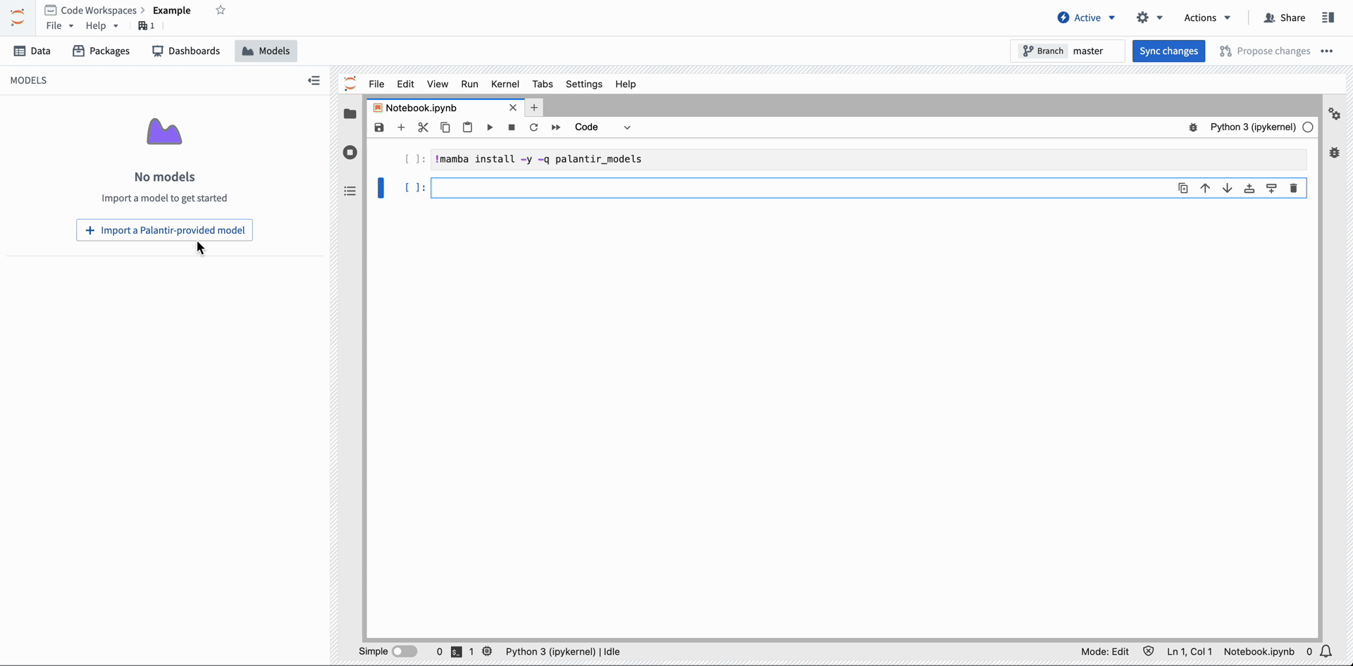 Import Palantir-provided models into Code Workspace from the Models menu.