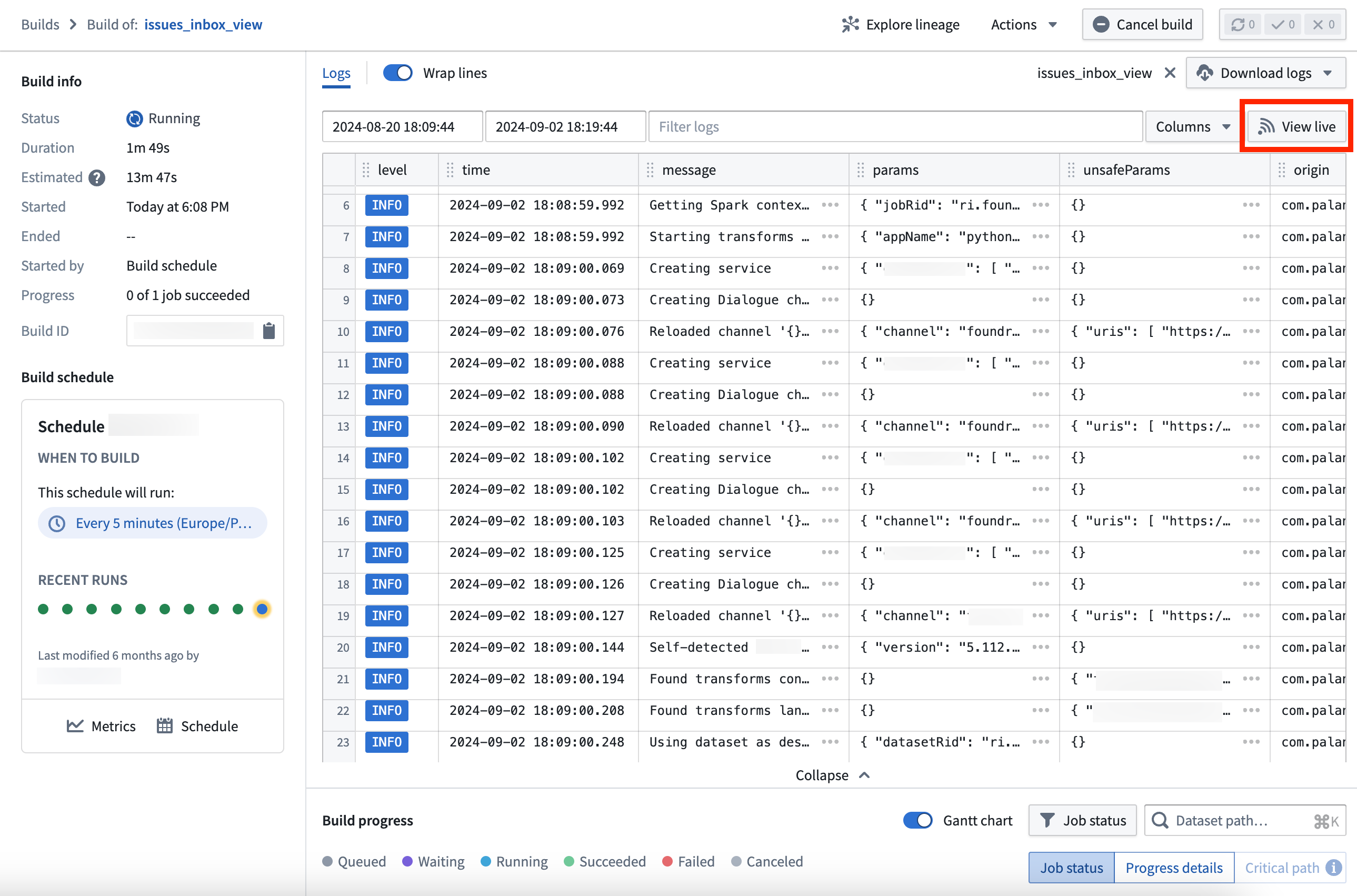 The log view of an active build, with the option to View live in the top right corner.