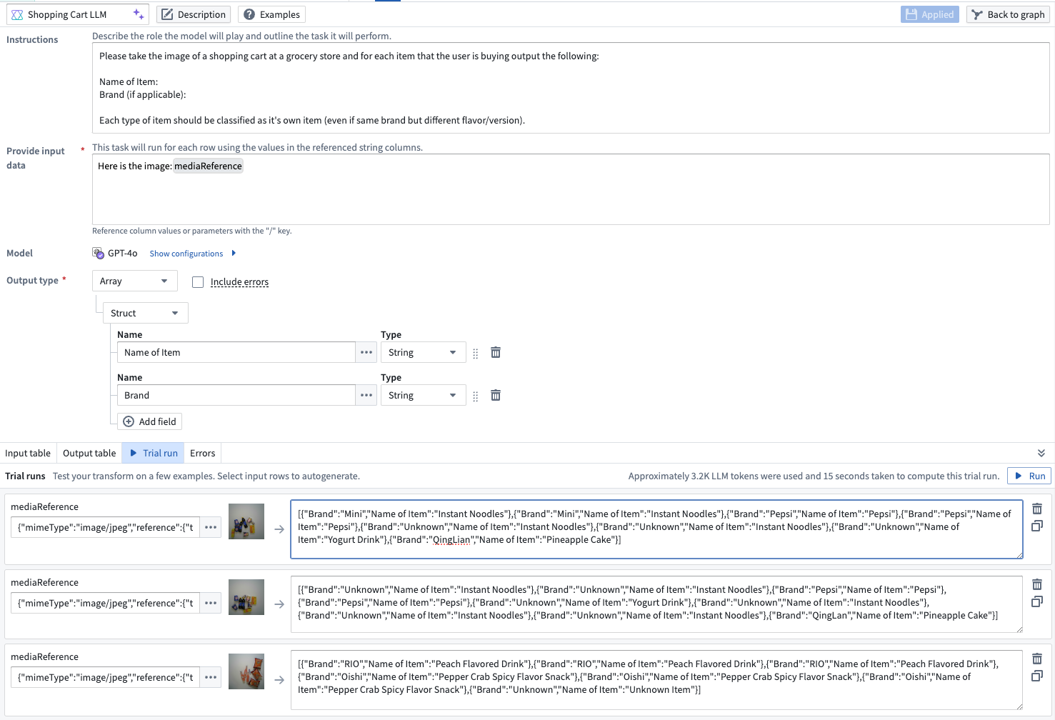 An LLM prompt configured to use GPT-4o to reference images and return names and brands of items in a grocery cart.