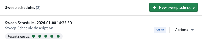 A sample sweep schedule, the option to generate a new schedule, the Actions dropdown, and recent sweep statuses.