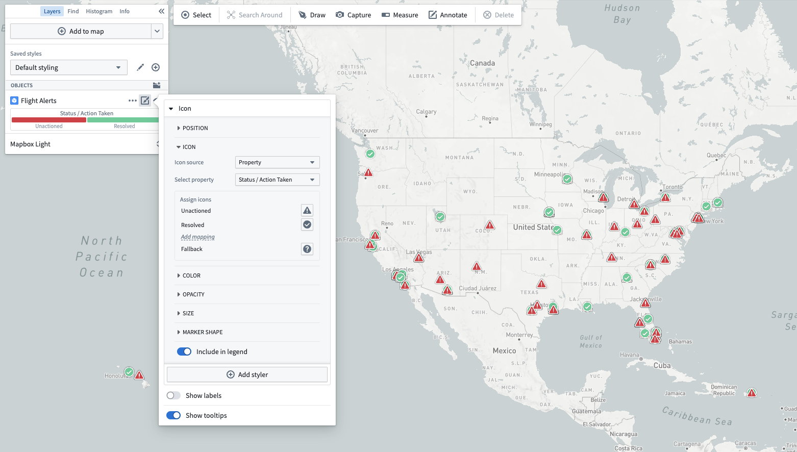 A map showing icons that are configured by the value of a property on each object