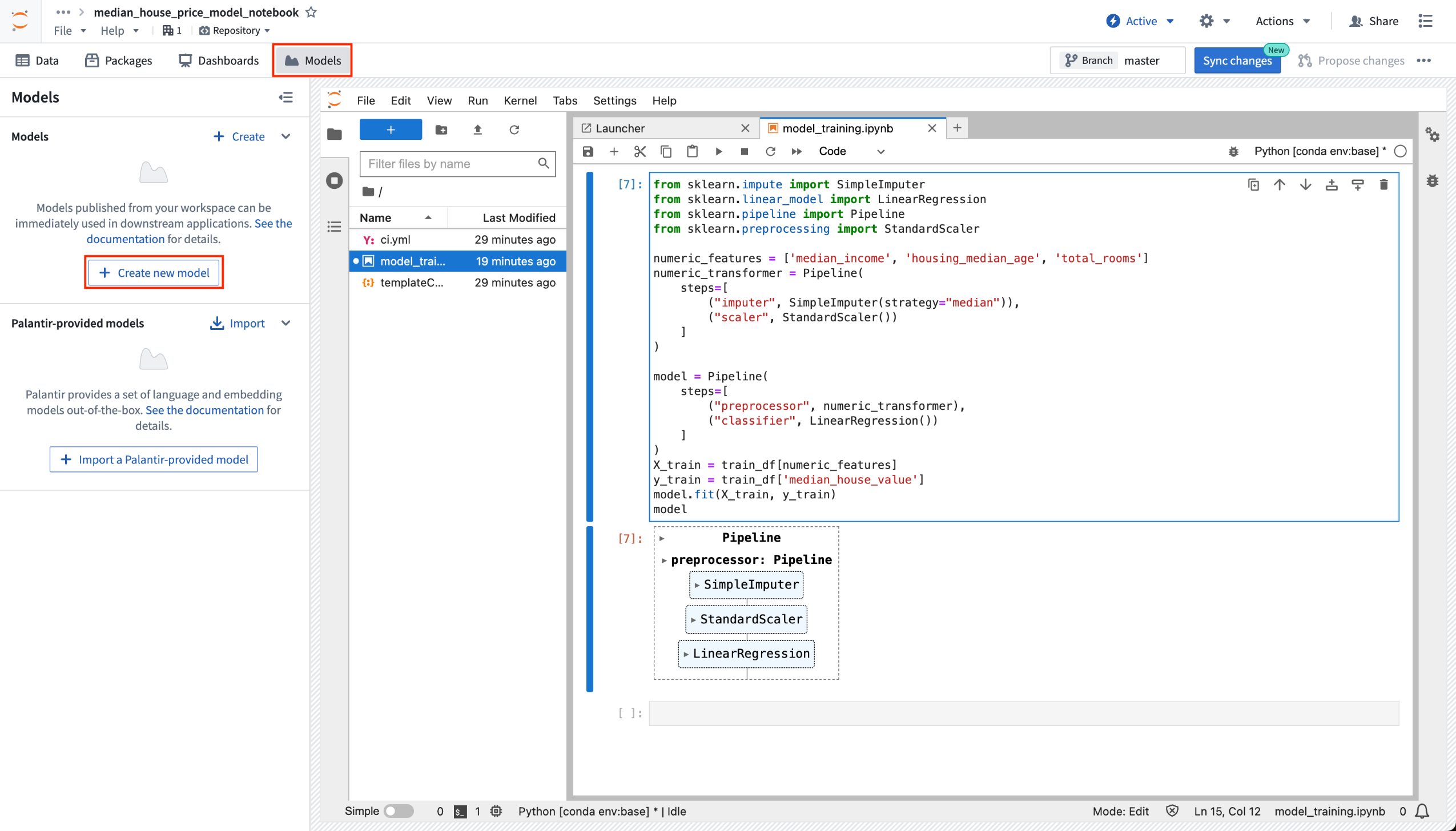 Create new model option from within Code Workspaces.